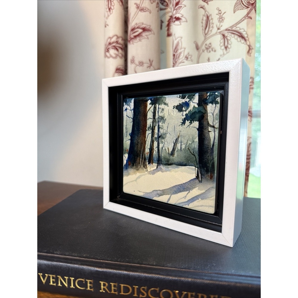 Watercolor Trees Winter Woods Tile Art Framed Handmade Mary Wojciechowski RARE